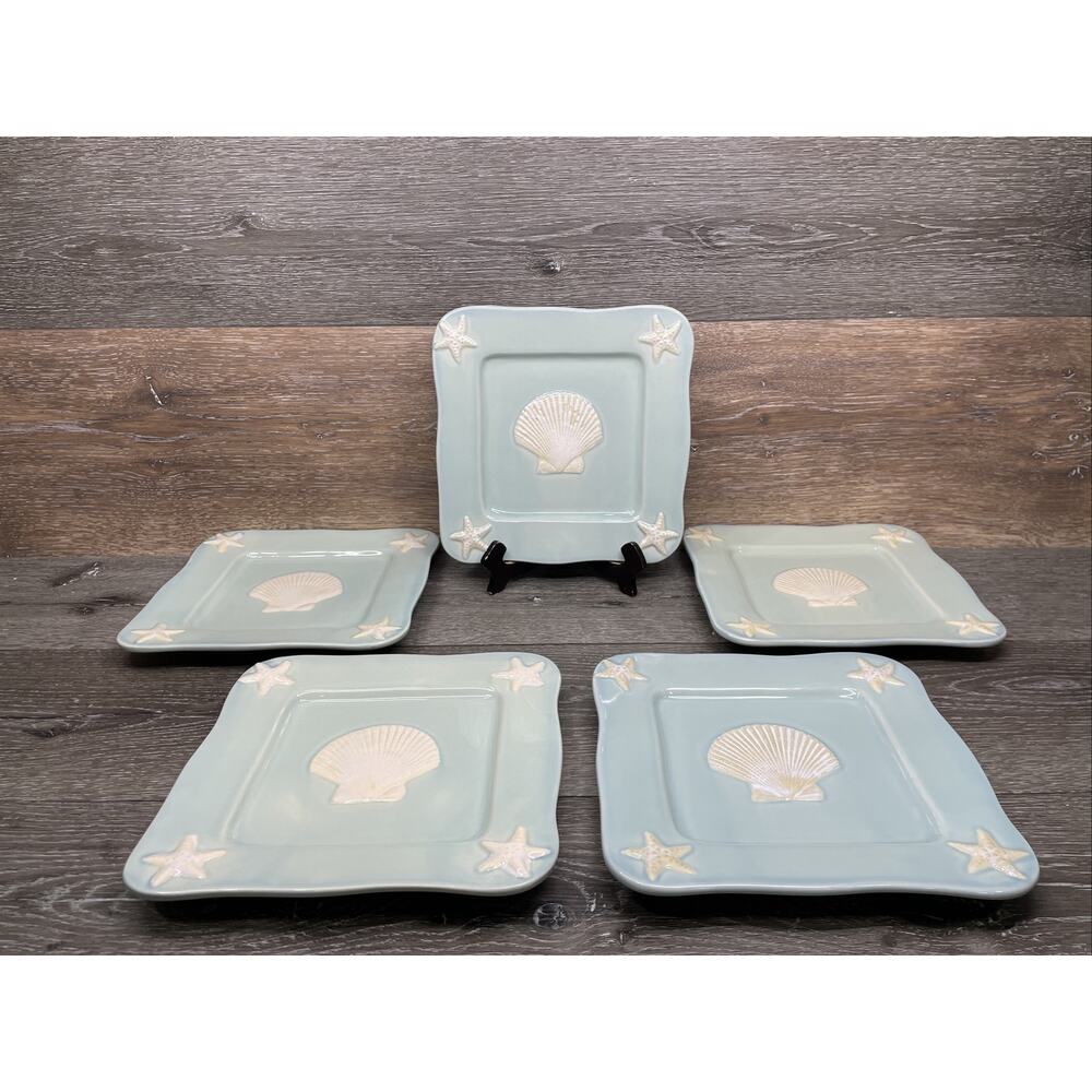 5 Home Studio Shoreline Collection Salad Plates Shells Starfish Beach Square 9"